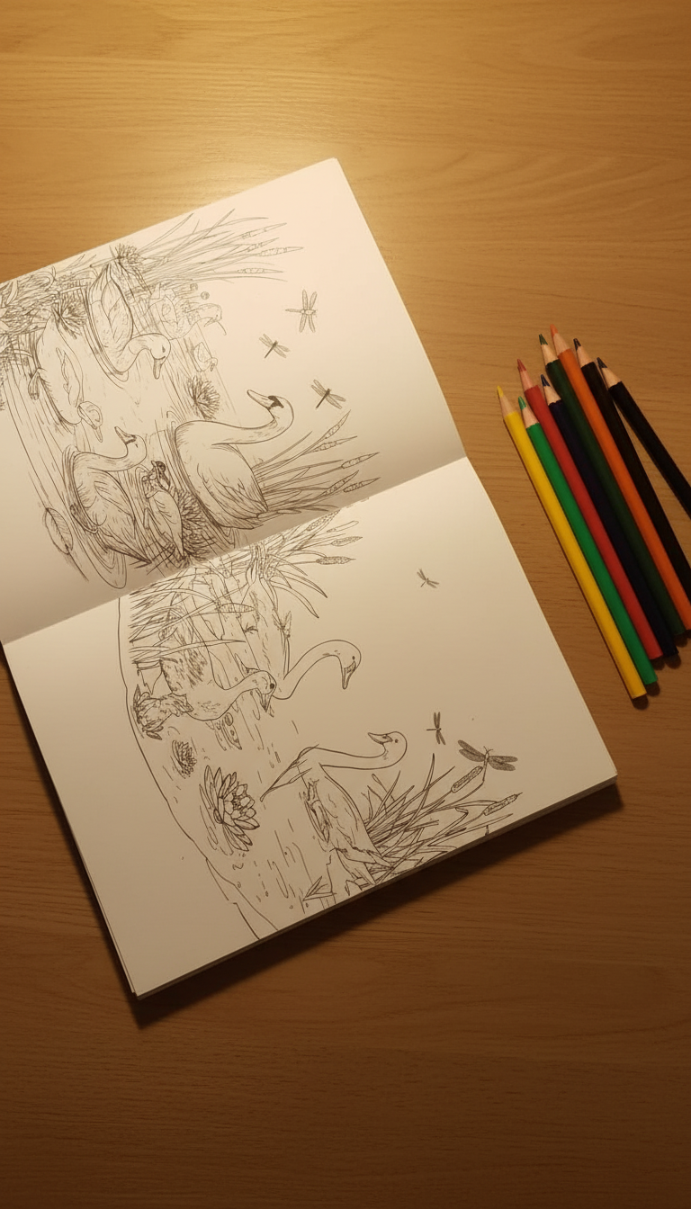 Open personalized coloring book with pencils on table